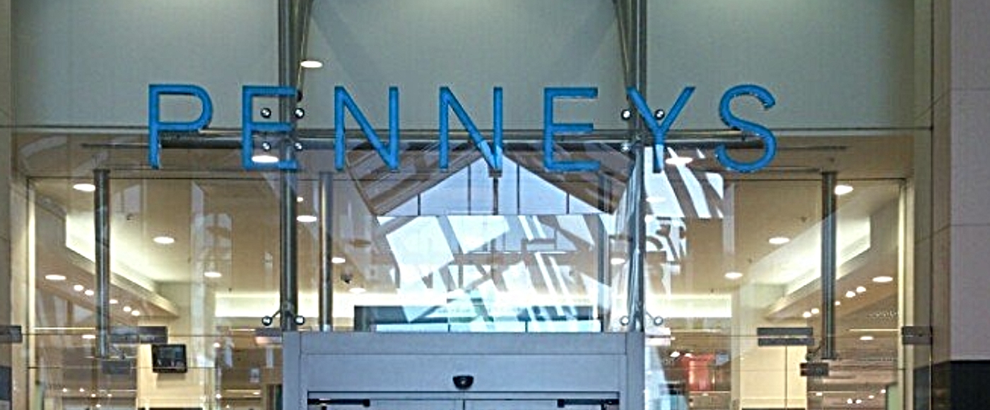 Penneys logo on glass above shop door